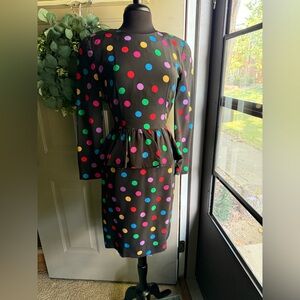 Vintage 80s Nipon Boutique rainbow polka dot silk peplum dress, size 6